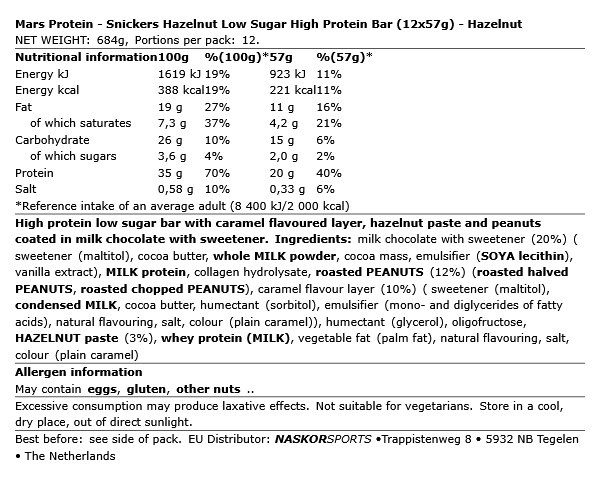 SNICKERS - HAZELNUT LOW SUGAR HIGH PROTEIN BAR - 12 X 57 G SNICKERS - HAZELNUT LOW SUGAR HIGH PROTEIN BAR - 12 X 57 G