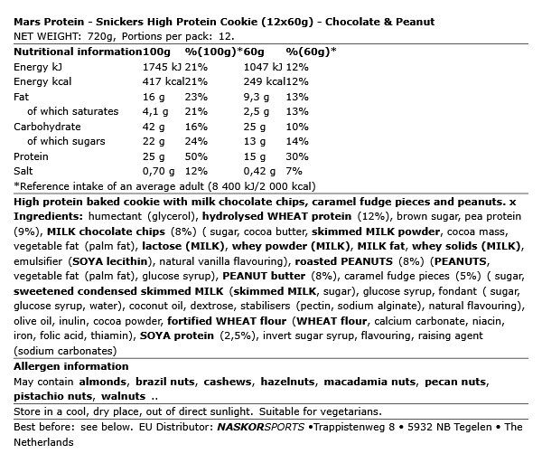 SNICKERS - HIGH PROTEIN COOKIE - CHOCOLATE & PEANUT - 12 X 60 G SNICKERS - HIGH PROTEIN COOKIE - CHOCOLATE & PEANUT - 12 X 60 G