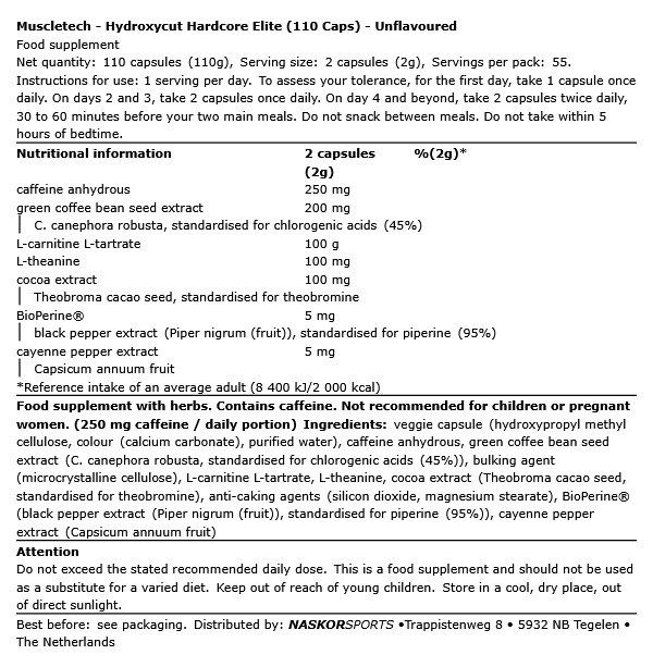 MUSCLETECH - HYDROXYCUT HARDCORE ELITE - 110 KAPSZULA