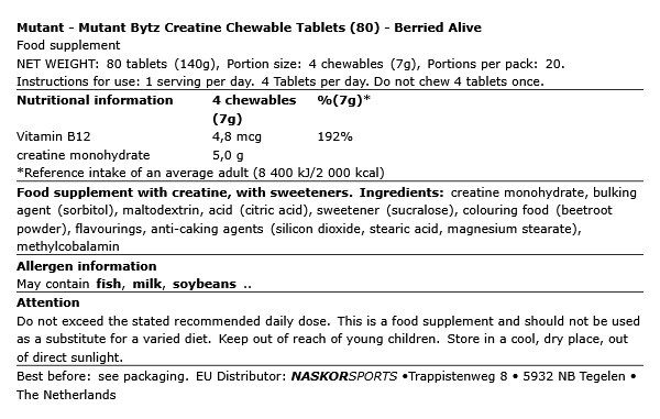MUTANT - MUTANT BYTZ CREATINE CHEWABLE TABLETS - 80 TABLETTA MUTANT - MUTANT BYTZ CREATINE CHEWABLE TABLETS - 80 TABLETTA