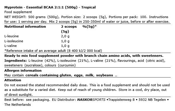 MYPROTEIN - ESSENTIAL BCAA 2:1:1 - 500 G