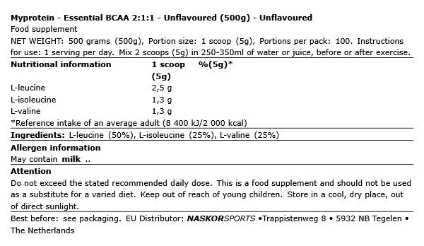 MYPROTEIN - ESSENTIAL BCAA 2:1:1 - UNFLAVOURED - 500 G