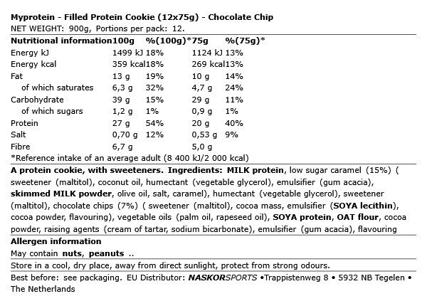 MYPROTEIN - FILLED PROTEIN COOKIE - CHOCOLATE CHIP - 12 X 75 G