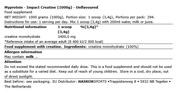 MYPROTEIN - IMPACT CREATINE - ÍZESÍTETLEN - 1000 G