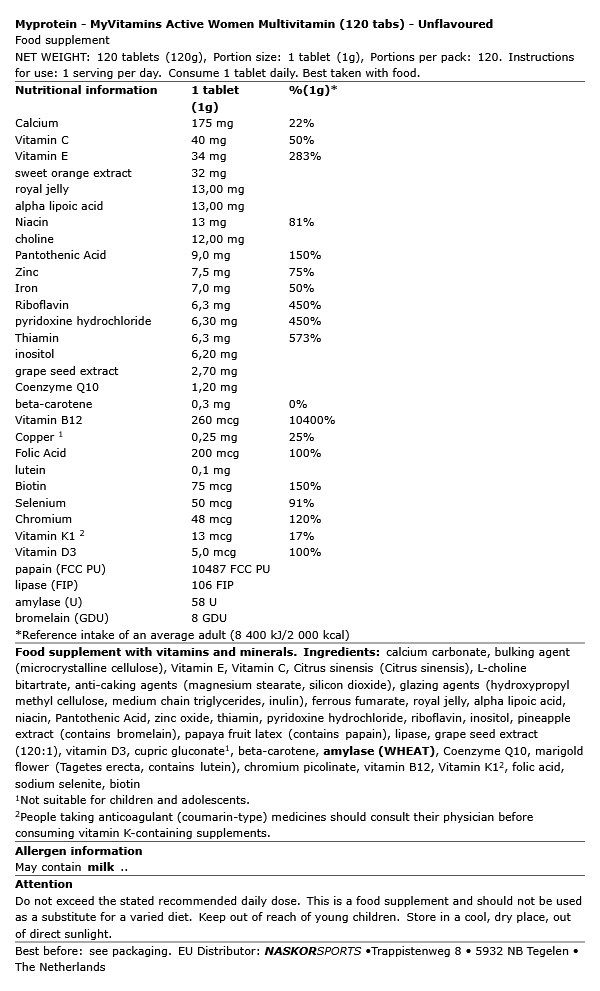MYPROTEIN - MYVITAMINS ACTIVE WOMEN MULTIVITAMIN - 120 TABLETTA