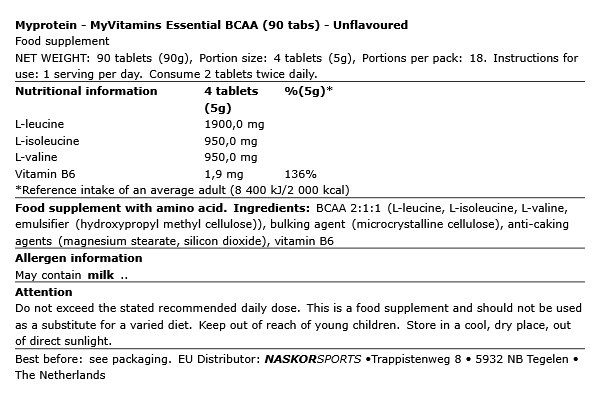 MYPROTEIN - MYVITAMINS ESSENTIAL BCAA - 90 TABLETTA