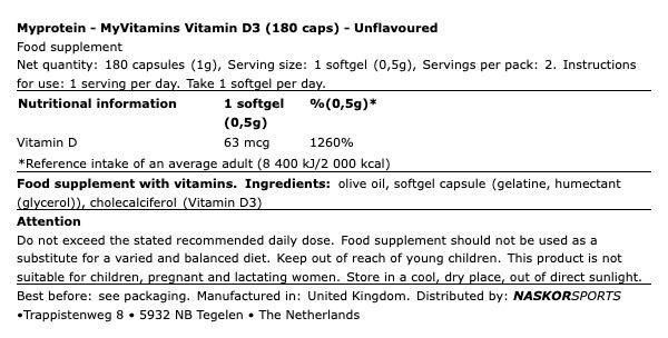 MYPROTEIN - MYVITAMINS VITAMIN D3 - 180 KAPSZULA