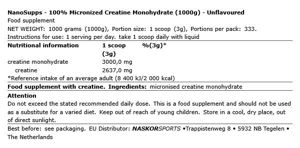 NANOSUPPS - 100% MICRONIZED CREATINE MONOHYDRATE - ÍZESÍTETLEN - 1000 G