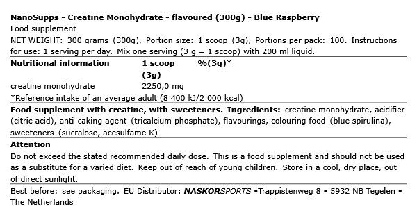 NANOSUPPS - CREATINE MONOHYDRATE - FLAVOURED - 300 G NANOSUPPS - CREATINE MONOHYDRATE - FLAVOURED - 300 G