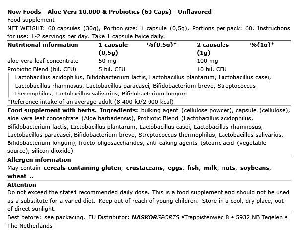 NOW - ALOE VERA 10.000 & PROBIOTICS - 60 KAPSZULA