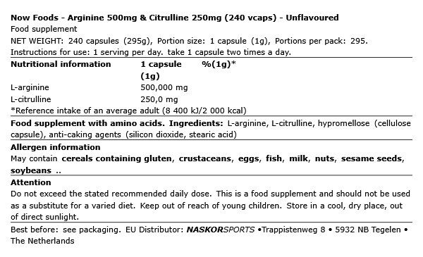 NOW - ARGININE 500MG & CITRULLINE 250MG - 240 KAPSZULA NOW - ARGININE 500MG & CITRULLINE 250MG - 240 KAPSZULA
