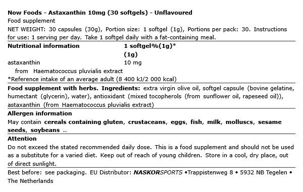NOW - ASTAXANTHIN 10MG - 30 LÁGYKAPSZULA