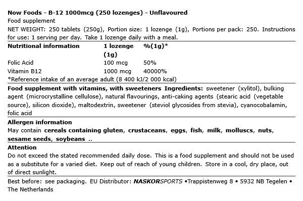 NOW - B-12 1000MCG - 250 TABLETTA