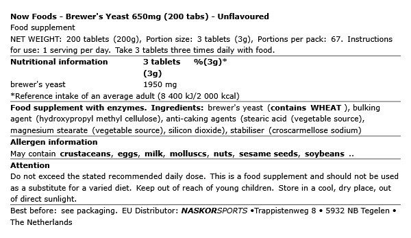 NOW - BREWER'S YEAST 650MG - 200 TABLETTA