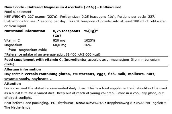 NOW - BUFFERED MAGNESIUM ASCORBATE - ÍZESÍTETLEN - 227 G NOW - BUFFERED MAGNESIUM ASCORBATE - ÍZESÍTETLEN - 227 G