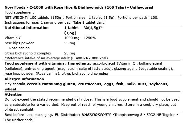 NOW - C-1000 WITH ROSE HIPS & BIOFLAVONOIDS - 100 TABLETTA NOW - C-1000 WITH ROSE HIPS & BIOFLAVONOIDS - 100 TABLETTA