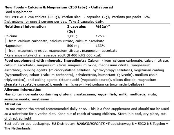 NOW - CALCIUM & MAGNESIUM - 250 TABLETTA