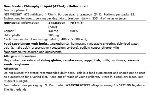 NOW - CHLOROPHYLL LIQUID - ÍZESÍTETLEN - 473 ML