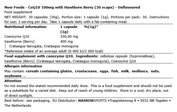 NOW - COQ10 100MG WITH HAWTHORN BERRY - 30 KAPSZULA NOW - COQ10 100MG WITH HAWTHORN BERRY - 30 KAPSZULA
