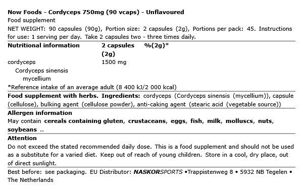 NOW - CORDYCEPS 750MG - 90 KAPSZULA