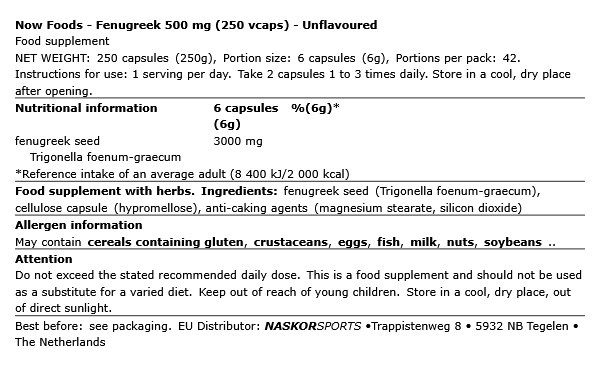NOW - FENUGREEK 500 MG - 250 KAPSZULA