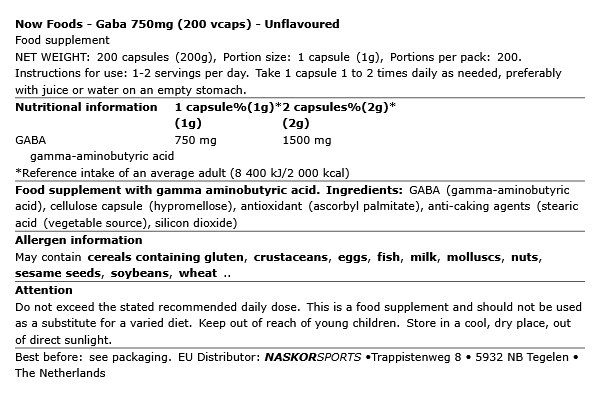 NOW - GABA 750MG - 200 KAPSZULA