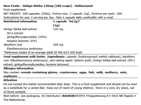 NOW - GINKGO BILOBA 120MG - 200 KAPSZULA