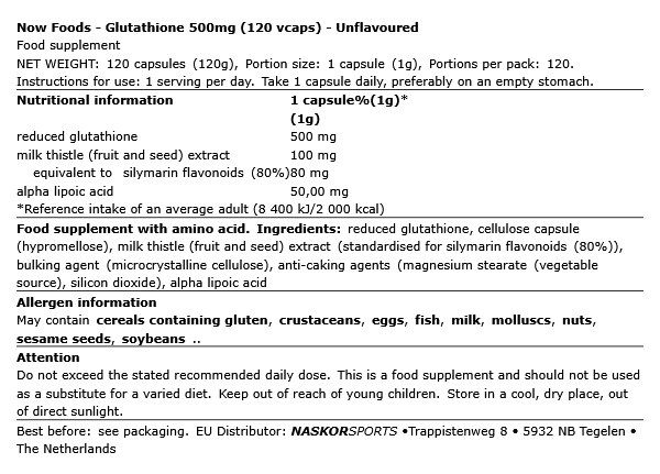 NOW - GLUTATHIONE 500MG - 120 KAPSZULA NOW - GLUTATHIONE 500MG - 120 KAPSZULA
