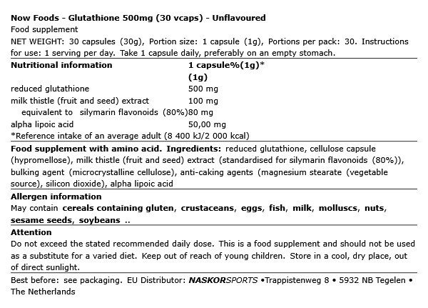 NOW - GLUTATHIONE 500MG - 30 KAPSZULA NOW - GLUTATHIONE 500MG - 30 KAPSZULA