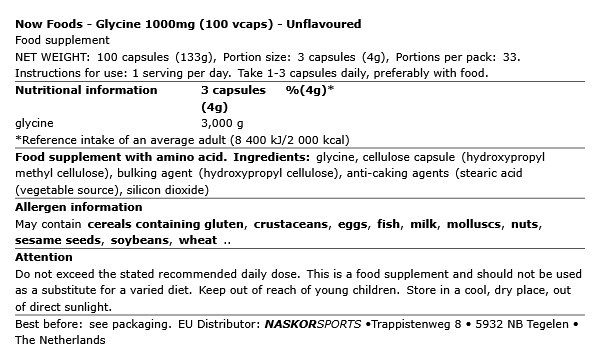 NOW - GLYCINE 1000MG - 100 KAPSZULA NOW - GLYCINE 1000MG - 100 KAPSZULA