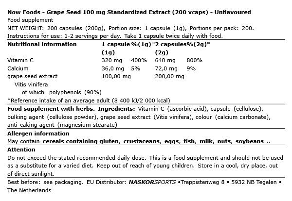 NOW - GRAPE SEED 100 MG STANDARDIZED EXTRACT - 200 KAPSZULA