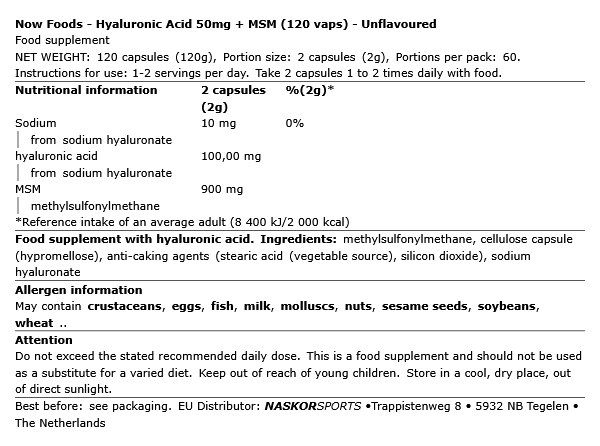 NOW - HYALURONIC ACID 50MG + MSM - 120 KAPSZULA