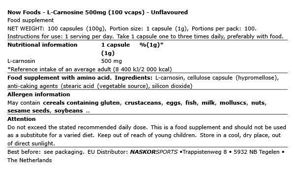 NOW - L-CARNOSINE 500MG - 100 KAPSZULA NOW - L-CARNOSINE 500MG - 100 KAPSZULA