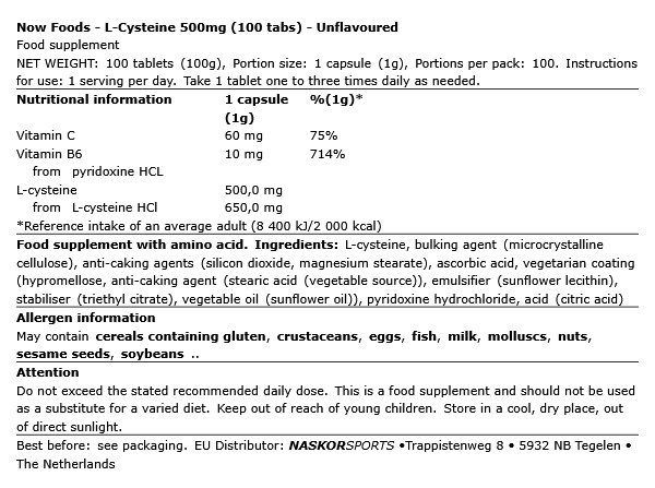 NOW - L-CYSTEINE 500MG - 100 TABLETTA NOW - L-CYSTEINE 500MG - 100 TABLETTA