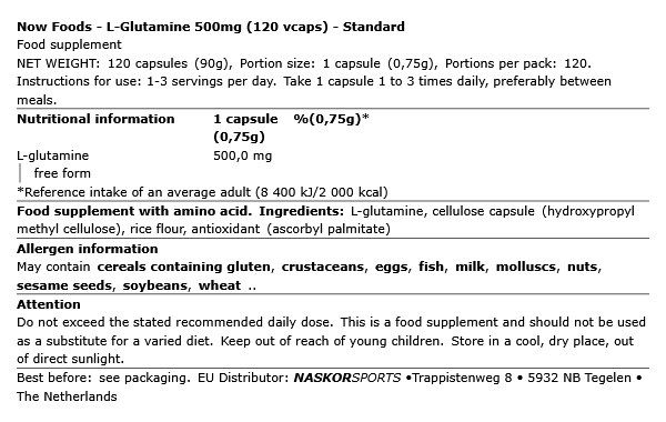 NOW - L-GLUTAMINE 500MG - 120 KAPSZULA