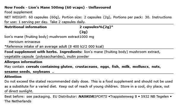 NOW - LION'S MANE 500MG - 60 KAPSZULA