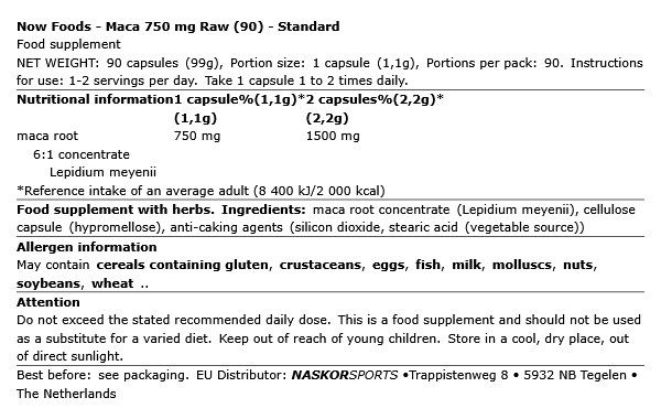 NOW - MACA 750 MG RAW - 90 KAPSZULA