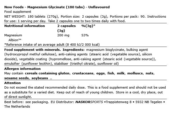 NOW - MAGNESIUM GLYCINATE - 180 TABLETTA