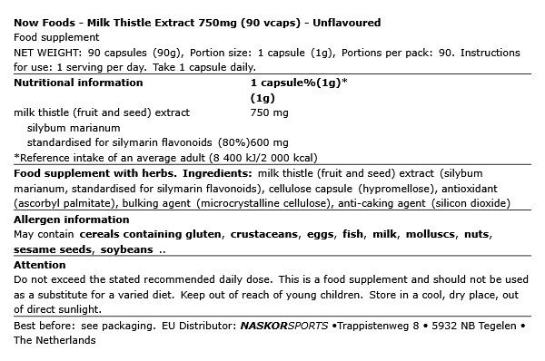 NOW - MILK THISTLE EXTRACT 750MG - 90 KAPSZULA