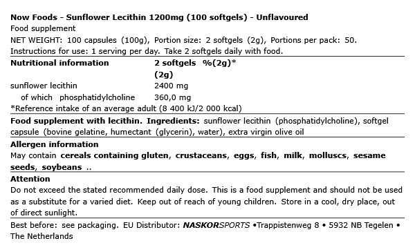 NOW - SUNFLOWER LECITHIN 1200MG - 100 LÁGYKAPSZULA