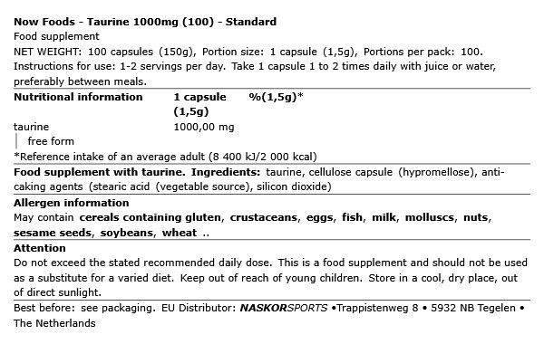 NOW - TAURINE 1000MG - 100 KAPSZULA