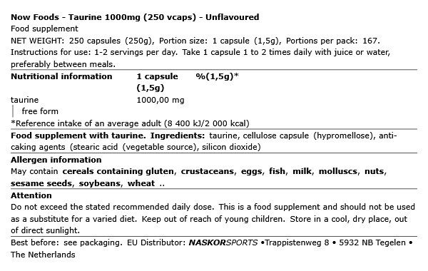 NOW - TAURINE 1000MG - 250 KAPSZULA