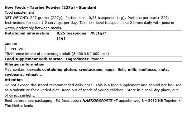 NOW - TAURINE POWDER - ÍZESÍTETLEN - 227 G