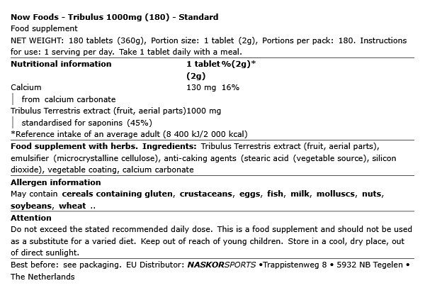 NOW - TRIBULUS 1000MG - 180 TABLETTA