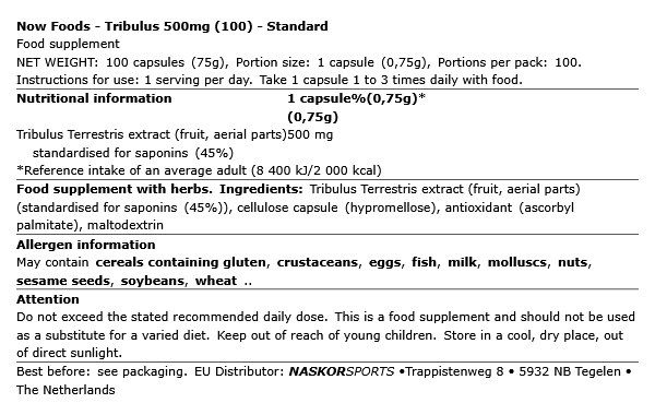NOW - TRIBULUS 500MG - 100 KAPSZULA NOW - TRIBULUS 500MG - 100 KAPSZULA