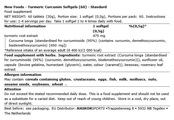 NOW - TURMERIC CURCUMIN - 60 LÁGYKAPSZULA