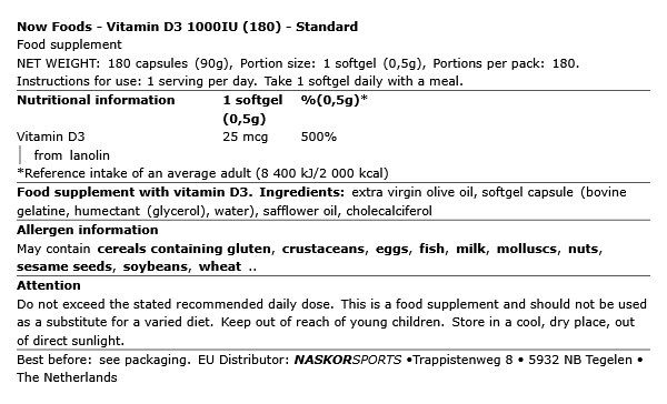 NOW - VITAMIN D3 1000IU - 180 KAPSZULA