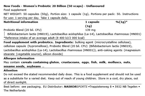 NOW - WOMEN'S PROBIOTIC 20 BILLION - 50 KAPSZULA NOW - WOMEN'S PROBIOTIC 20 BILLION - 50 KAPSZULA