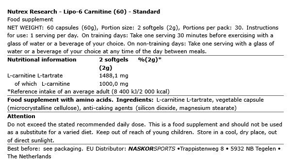 NUTREX RESEARCH - LIPO-6 CARNITINE - 60 KAPSZULA NUTREX RESEARCH - LIPO-6 CARNITINE - 60 KAPSZULA