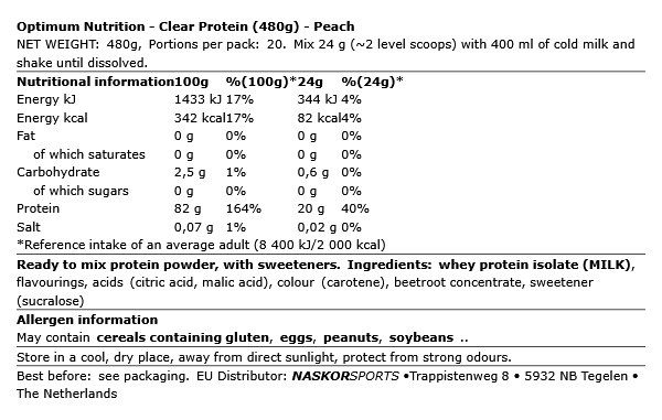 OPTIMUM NUTRITION - CLEAR PROTEIN - 480 G
